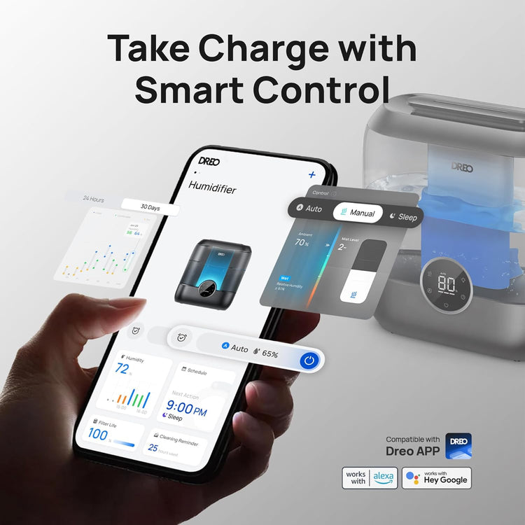 Smart Humidifiers for Bedroom, 6L Top Fill Supersized Cool Mist Humidifier for Large Room, 60 Hour Runtime, Quiet Ultrasonic Humidifiers for Plants, Baby, Indoor, Home, Night Light, Black