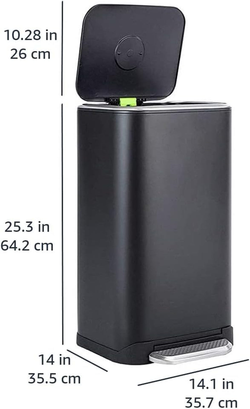 Rectangular Metal Trash Can with Soft-Close Foot Pedal, 32 Liter/8.5 Gallon, 14"L X 14"W X 25.3"H, Black
