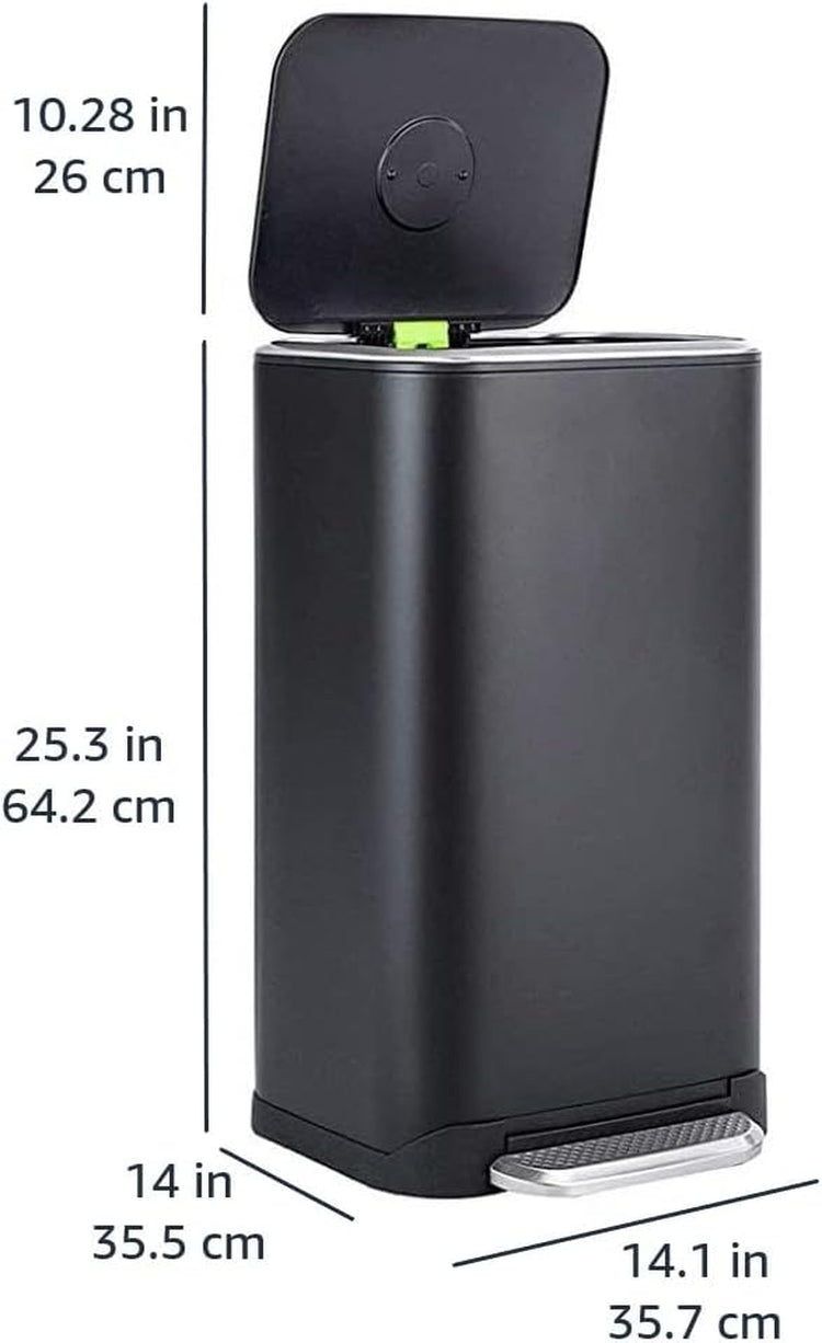 Rectangular Metal Trash Can with Soft-Close Foot Pedal, 32 Liter/8.5 Gallon, 14"L X 14"W X 25.3"H, Black