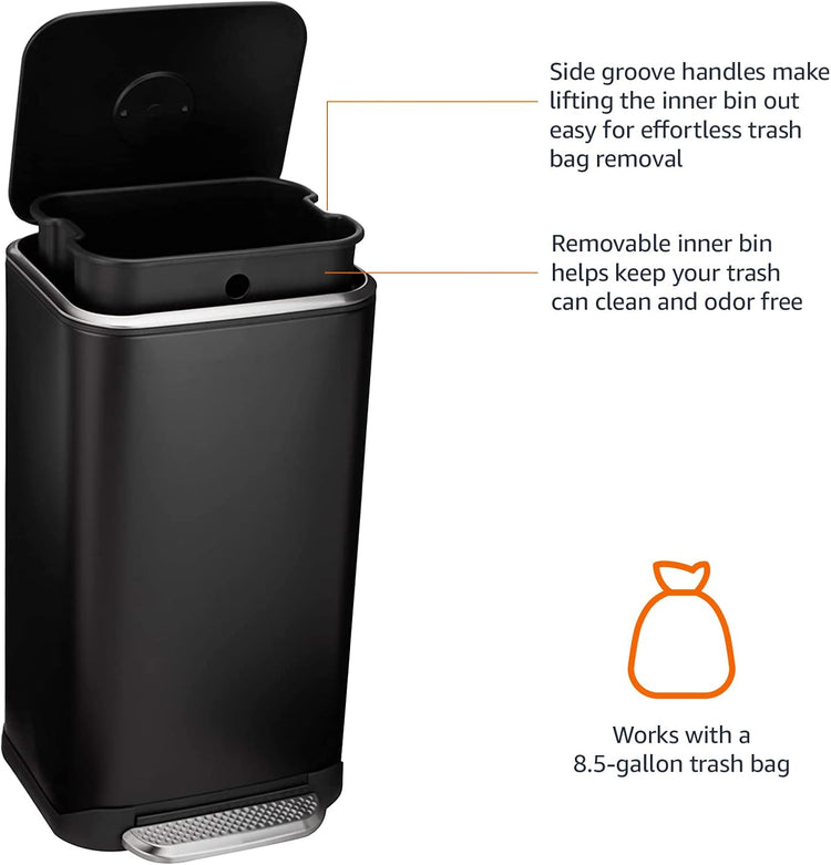 Rectangular Metal Trash Can with Soft-Close Foot Pedal, 32 Liter/8.5 Gallon, 14"L X 14"W X 25.3"H, Black