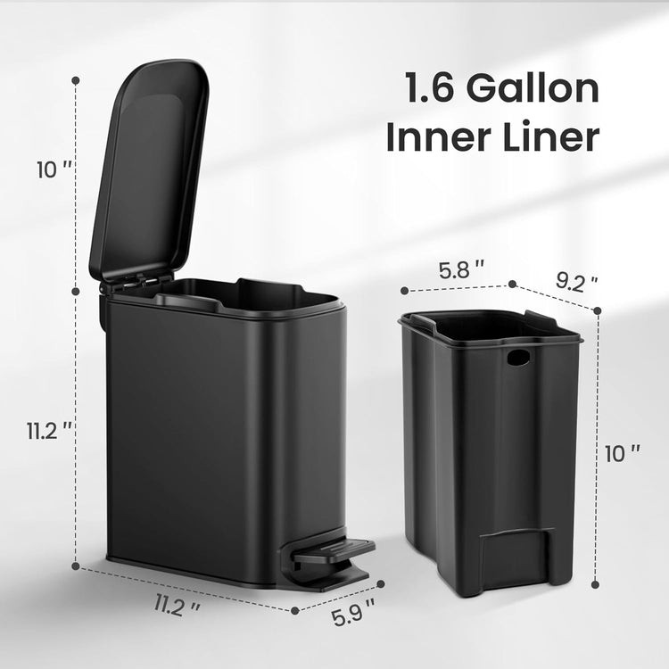 Small Bathroom Trash Can with Lid Soft Close, Step Pedal, 6 Liter / 1.6 Gallon Stainless Steel Garbage Can with Removable Inner Bucket, Anti-Fingerprint Finish (Matt Black)