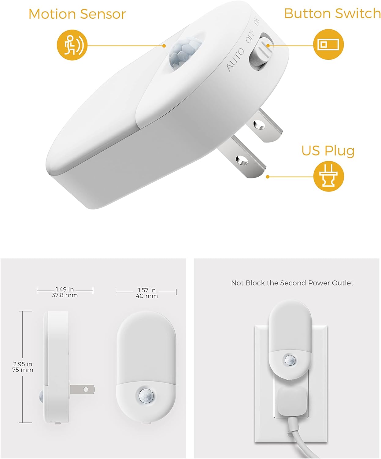 Motion Sensor Night Light, 2Pack, Motion Activated Night Light, Night Lights Plug into Wall Motion Sensor, 3000K Warm White, Adjustable Brightness 30/60LM, for Kids Adults Bathroom Bedroom