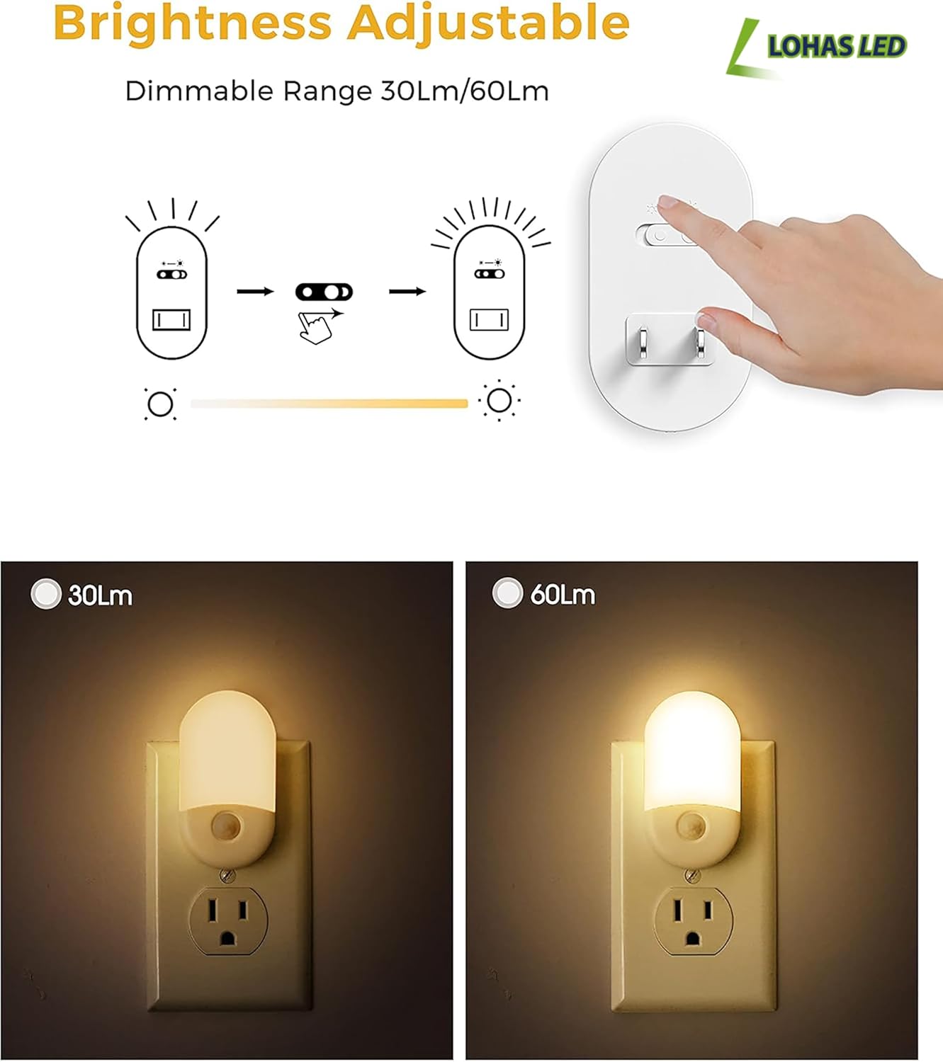 Motion Sensor Night Light, 2Pack, Motion Activated Night Light, Night Lights Plug into Wall Motion Sensor, 3000K Warm White, Adjustable Brightness 30/60LM, for Kids Adults Bathroom Bedroom