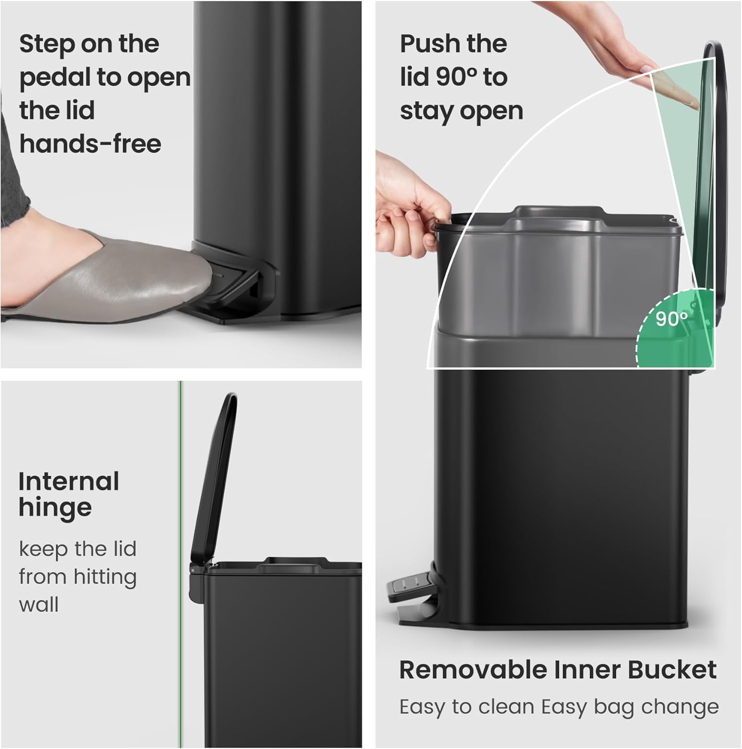 Small Bathroom Trash Can with Lid Soft Close, Step Pedal, 6 Liter / 1.6 Gallon Stainless Steel Garbage Can with Removable Inner Bucket, Anti-Fingerprint Finish (Matt Black)