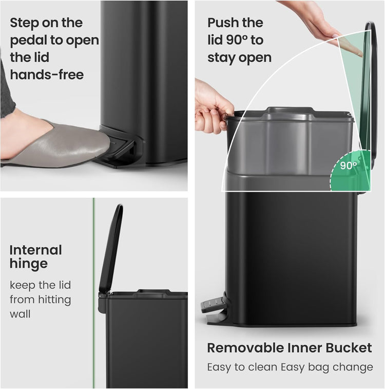 Small Bathroom Trash Can with Lid Soft Close, Step Pedal, 6 Liter / 1.6 Gallon Stainless Steel Garbage Can with Removable Inner Bucket, Anti-Fingerprint Finish (Matt Black)
