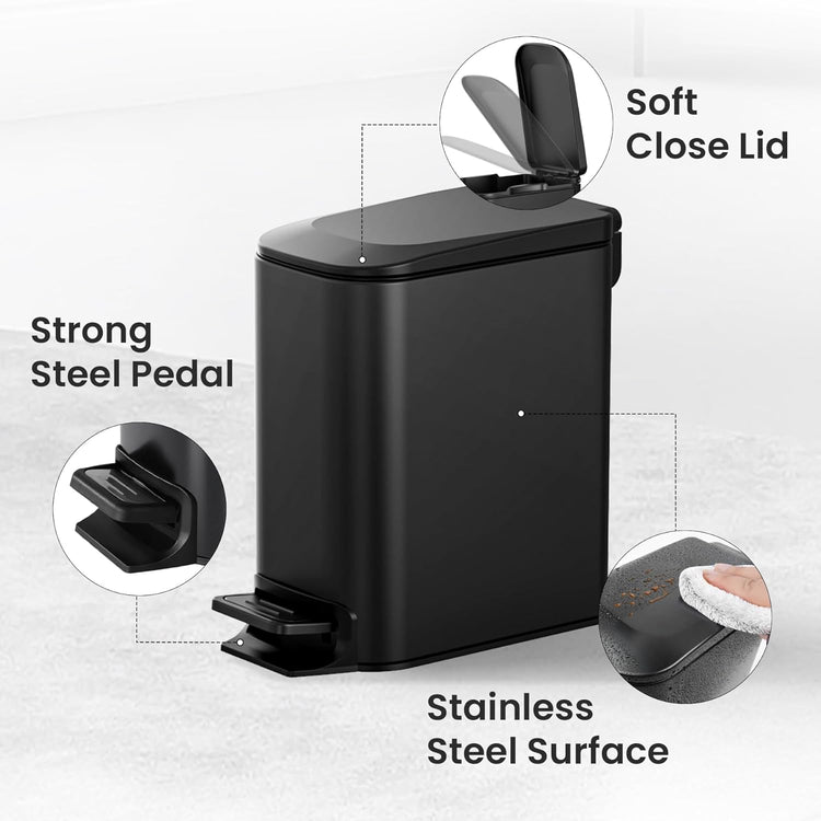 Small Bathroom Trash Can with Lid Soft Close, Step Pedal, 6 Liter / 1.6 Gallon Stainless Steel Garbage Can with Removable Inner Bucket, Anti-Fingerprint Finish (Matt Black)