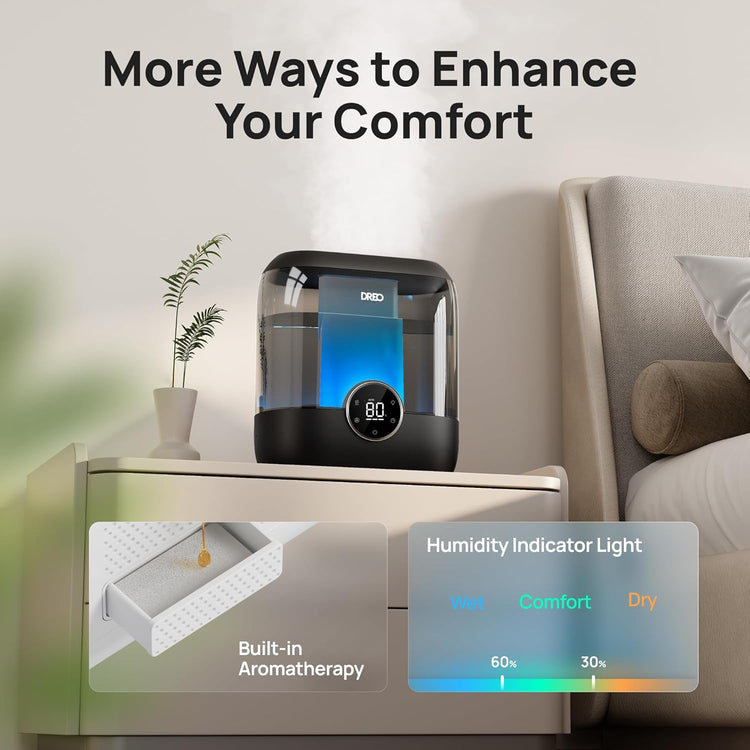 Smart Humidifiers for Bedroom, 6L Top Fill Supersized Cool Mist Humidifier for Large Room, 60 Hour Runtime, Quiet Ultrasonic Humidifiers for Plants, Baby, Indoor, Home, Night Light, Black