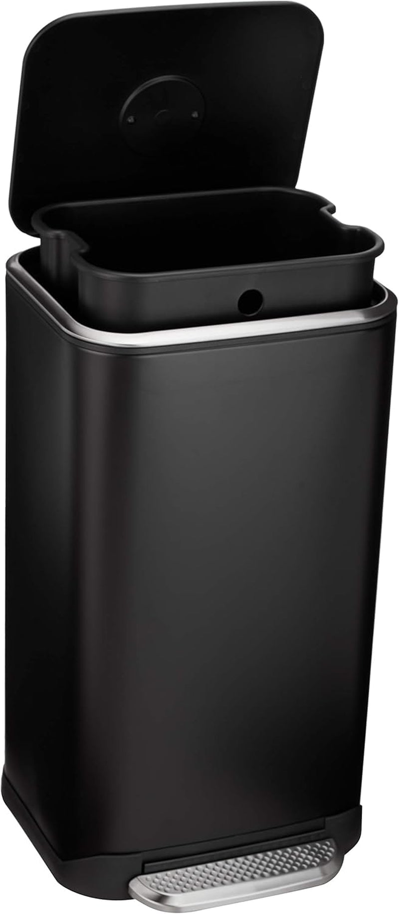Rectangular Metal Trash Can with Soft-Close Foot Pedal, 32 Liter/8.5 Gallon, 14"L X 14"W X 25.3"H, Black