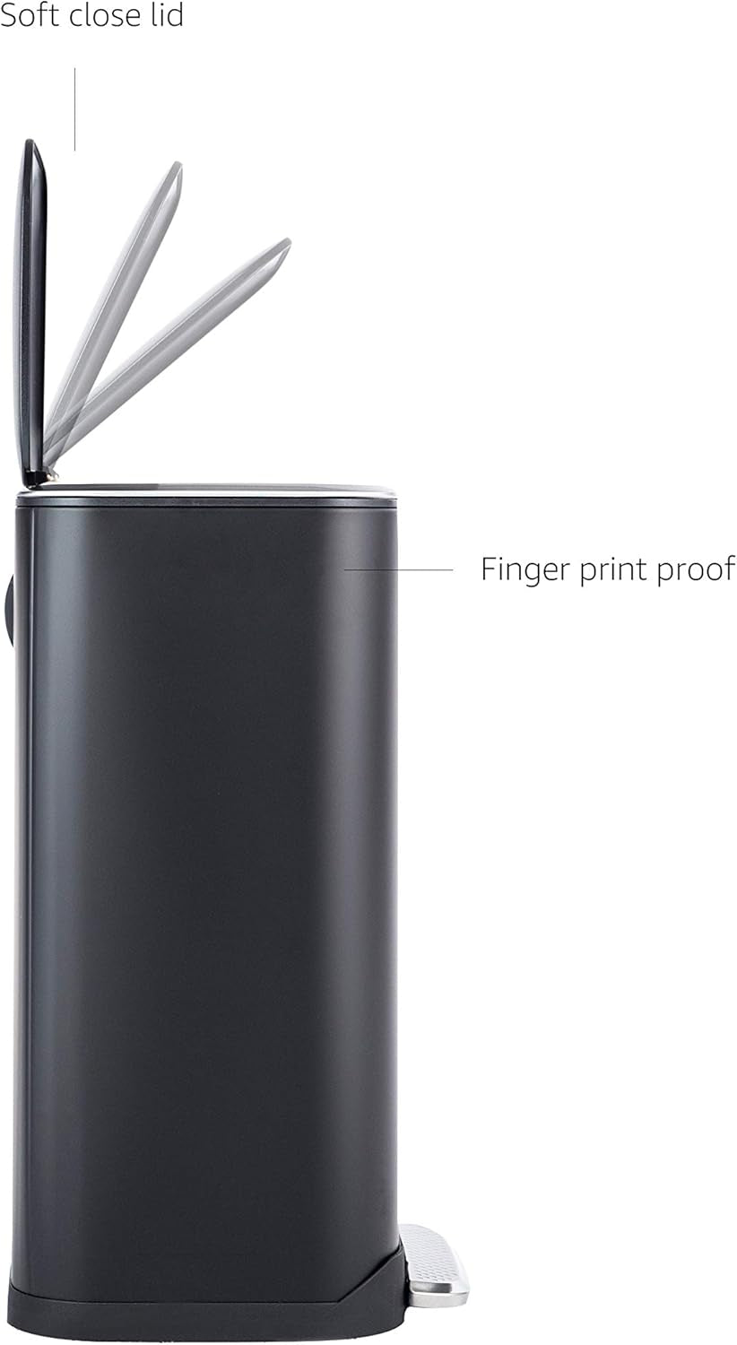 Rectangular Metal Trash Can with Soft-Close Foot Pedal, 32 Liter/8.5 Gallon, 14"L X 14"W X 25.3"H, Black