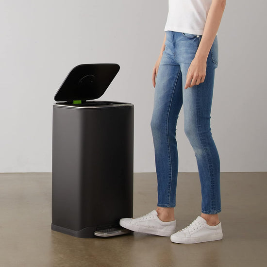 Rectangular Metal Trash Can with Soft-Close Foot Pedal, 32 Liter/8.5 Gallon, 14"L X 14"W X 25.3"H, Black