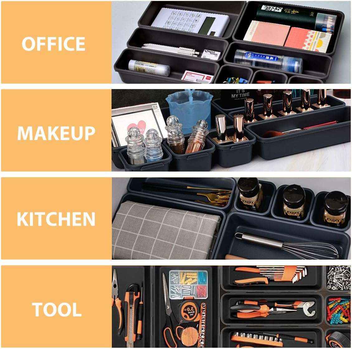 8PCS Plastic Interlocking Drawer Organizer, 3 Sizes Versatile Desk Drawer Organizer Trays, Drawer Dividers, Organization and Storage Bins for Tools, Office, Jewelries, Kitchen Utensils and Makeup