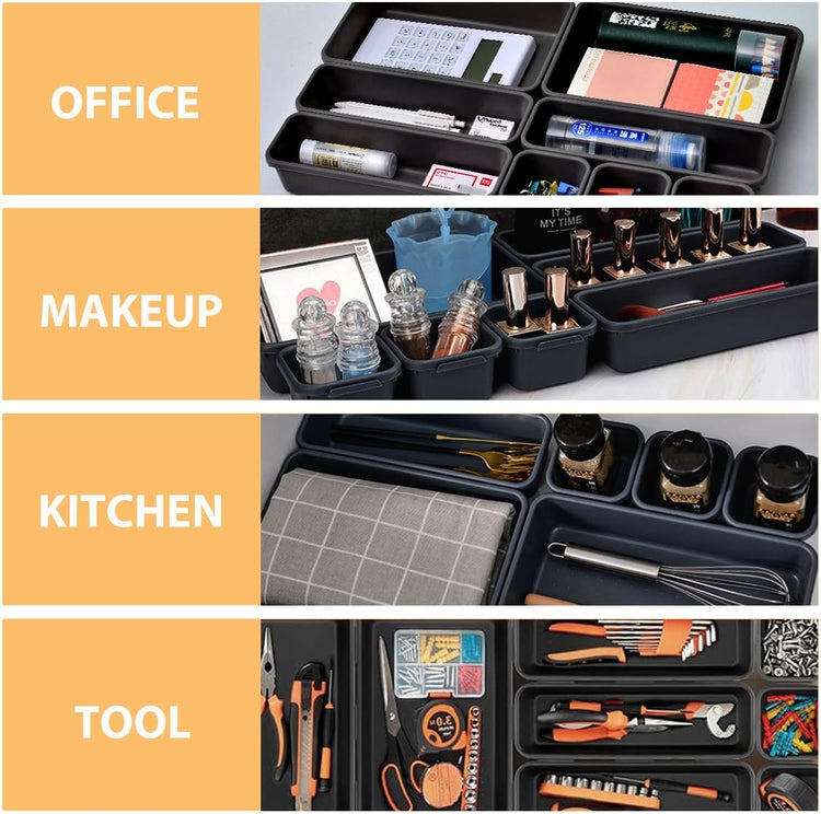 8PCS Plastic Interlocking Drawer Organizer, 3 Sizes Versatile Desk Drawer Organizer Trays, Drawer Dividers, Organization and Storage Bins for Tools, Office, Jewelries, Kitchen Utensils and Makeup